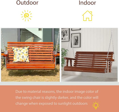 Outsunny Porch Swing with Chains and Cupholders, 2 Person Wooden Patio Swing Chair, 440 lbs. Weight Capacity, for Garden, Poolside, Backyard, Brown
