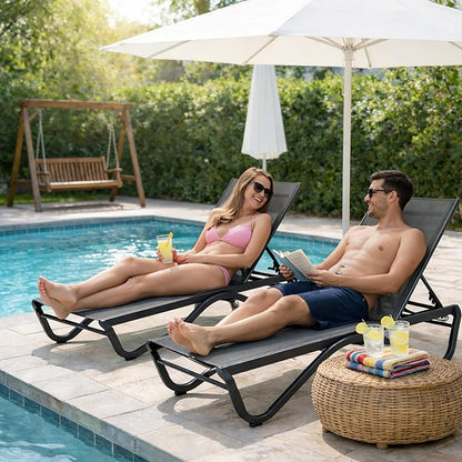 Kozyard Outdoor Chaise Lounge Chair, Full Aluminum Frame and Textilene Fabric, Adjustable Reclining Patio Lounger for Poolside, Sunbathing & Backyard (Gray, 2Chairs with Table)