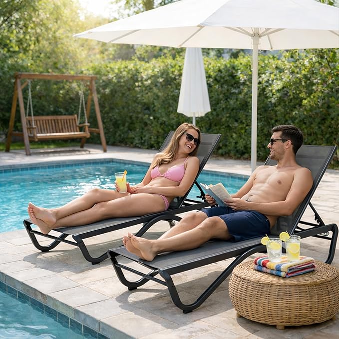 Kozyard Outdoor Chaise Lounge Chair, Full Aluminum Frame and Textilene Fabric, Adjustable Reclining Patio Lounger for Poolside, Sunbathing & Backyard (Gray, Chair)