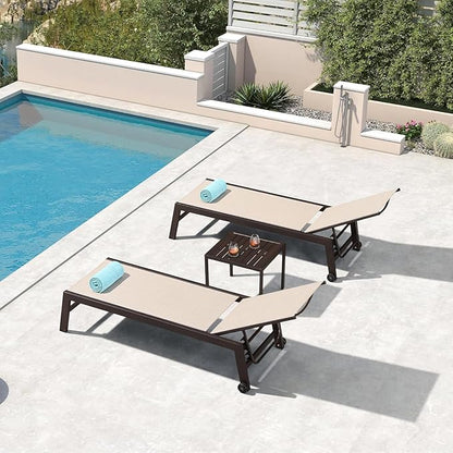 PURPLE LEAF Outdoor Chaise Lounge Chair Set of 2, Patio Pool Textilene Loungers with Adjustable Backrest and Wheels, Includes Side Table for Deck, Lawn, Garden, Cream