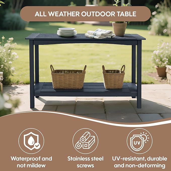 Weatherproof HIPS Outdoor Console Table, 48'' 2-Shelf Side Table Indoor/Outdoor Use, Multifunctional Buffet Table Bar Storage Organizer for Entryway,Yard, Outside Plant Stand Table, Black