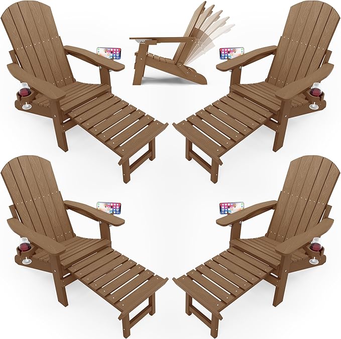 YEFU Adjustable Adirondack Chair with Footrest Set of 4, 5-Level Adjustable Adirondack Chair with Retractable Ottoman& 2 Cup Holder, Folding Adirondacks Chairs Use for Outdoor, Pool, Fire Pit (Teak)