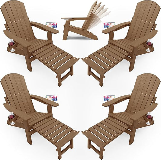 YEFU Adjustable Adirondack Chair with Footrest Set of 4, 5-Level Adjustable Adirondack Chair with Retractable Ottoman& 2 Cup Holder, Folding Adirondacks Chairs Use for Outdoor, Pool, Fire Pit (Teak)