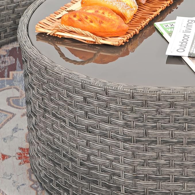 SUNSITT Round Outdoor Coffee Table with Tempered Glass Top, Rattan PE Resin Wicker Patio Side Table, Grey