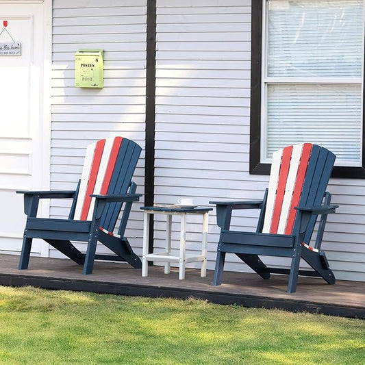 Aoodor Folding Adirondack Chair HDPE Outdoor All-Weather Chair for Patio, Garden, Backyard, Lawn, Fire Pit, Red&White&Blue