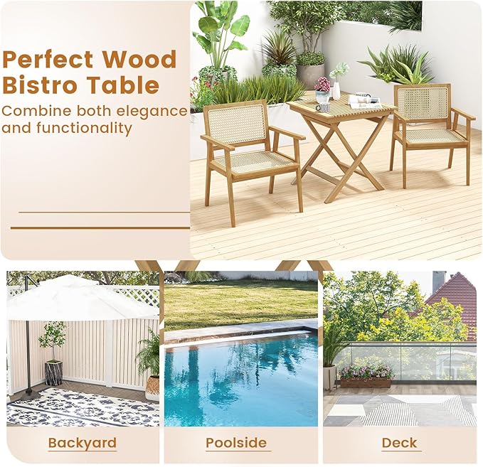 Tangkula 27.5 Inch Teak Wood Patio Dining Table, Square Outdoor Bistro Table with Slatted Tabletop, Sturdy Wood Frame & Thickened Top, Teak Outside Dining Table for Balcony, Deck, Backyard, 2 Pack