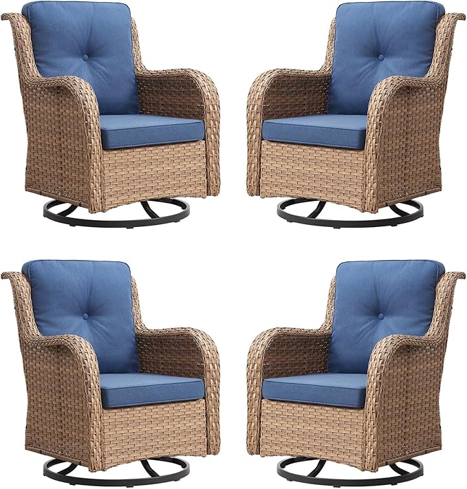 Rilyson Patio Chairs Wicker Outdoor Chair - 4 Piece Rattan Swivel Rocking Chairs Set Patio Glider Rocker Chair for Porch Deck Garden Backyard(Yellow/Blue)