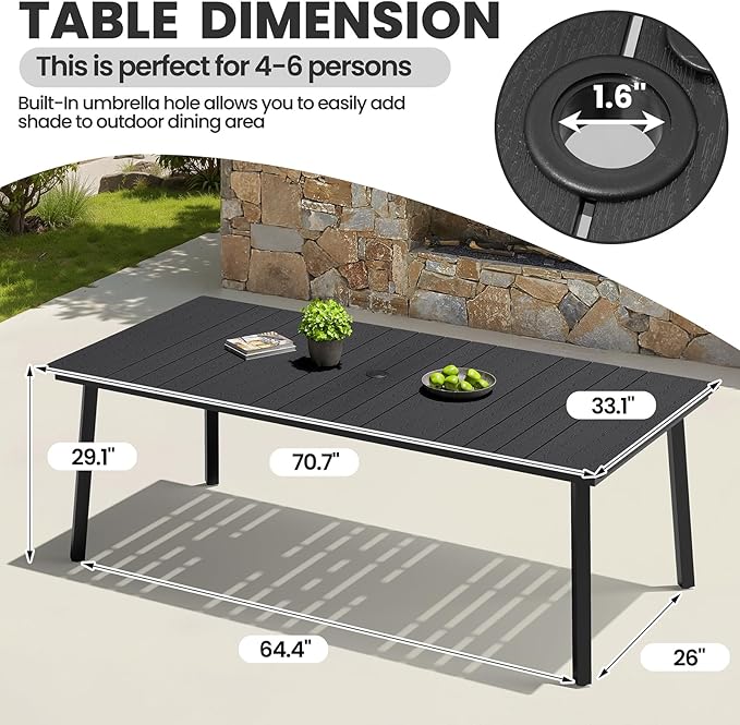 Crestlive Products Patio Dining Table for 6, 70 Inch Rectangular Outdoor Table with Wood-Like Tabletop Metal Frame Deck Table with 1.6" Umbrella Hole for Backyard, Balcony, Garden (Black)