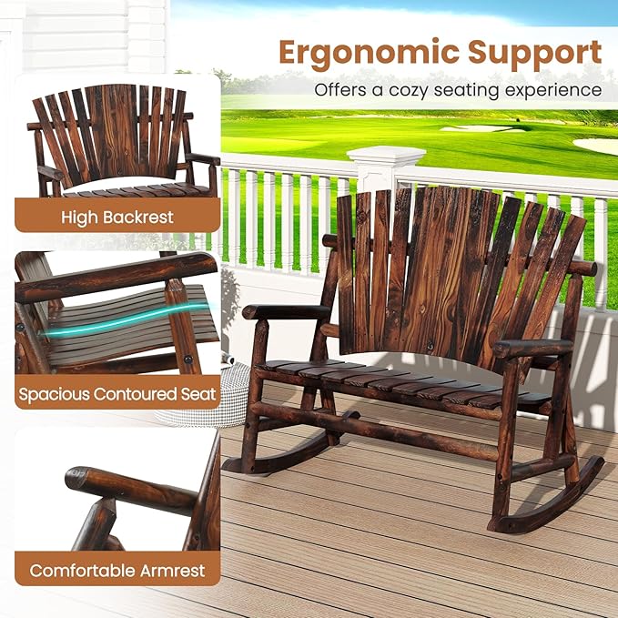 Giantex Outdoor Wooden Rocking Bench, 2-Person Adirondack Porch Rocker Chair with High Back and Slatted Seat, Rustic Log Loveseat for Front Porch Patio, Backyard, Garden, Brown, 51”x38”x46”