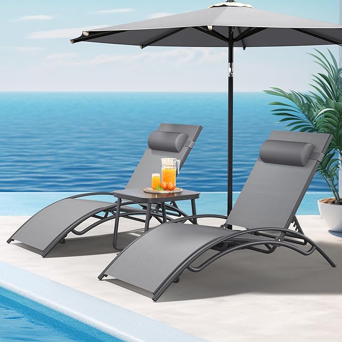 YITAHOME Outdoor Chaise Lounge Chair Set of 3, Pool Lounge Chairs with Side Table & 5-Position Adjustable Backrest