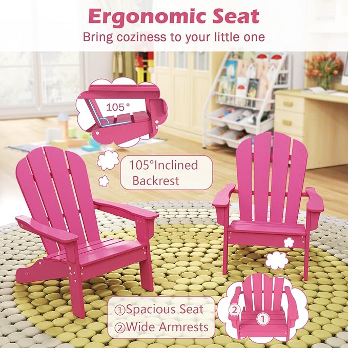 Costzon Adirondack Chair Set of 2, All-Weather HDPE Patio Chair with Armrests, Fire Pit Chair for Ages 3-8, Outdoor Patio Lounge Chair for Garden, Lawn, Backyard (Pink)