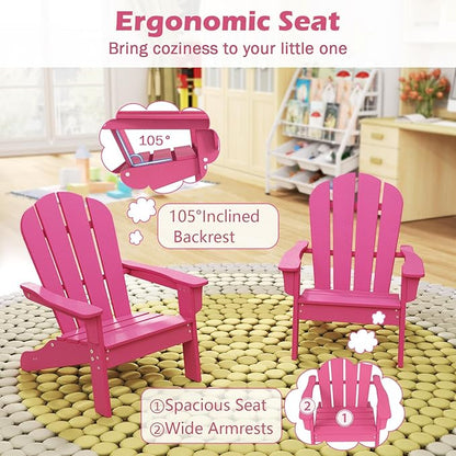 Costzon Adirondack Chair Set of 2, All-Weather HDPE Patio Chair with Armrests, Fire Pit Chair for Ages 3-8, Outdoor Patio Lounge Chair for Garden, Lawn, Backyard (Pink)