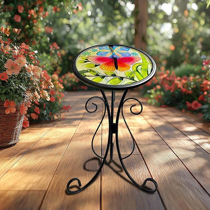 HONGLAND Outdoor Side Table, Small Outdoor Table, 12" Round Patio Side Table End Table, Glass Plant Stand, Small Bistro Coffee Table for Garden Patio Porch Living Room (Butterfly)