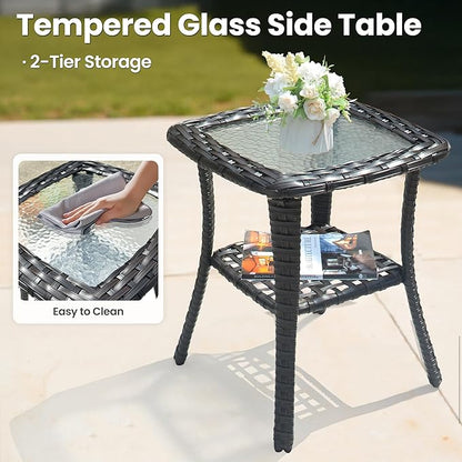 ovios Outdoor Side Table with Tempered Glass Top, Patio Wicker Rattan 2-Tier Storage Coffee End Tables for Porch Deck Balcony Garden Poolside (Brown-Small Size)