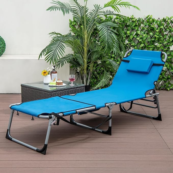 GYMAX Tanning Chair, 330LBS Beach Lounge Chair with Face Arm Hole & Hand Shoulder Strap, Folding Layout Sunbathing Chair, Face Down Outdoor Chaise Lounger for Patio, Poolside, Lawn, Backyard (2, Blue)