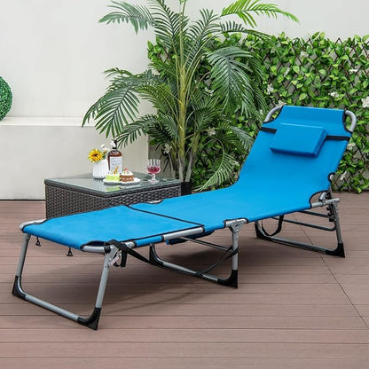 GYMAX Tanning Chair, 330LBS Beach Lounge Chair with Face Arm Hole & Hand Shoulder Strap, Folding Layout Sunbathing Chair, Face Down Outdoor Chaise Lounger for Patio, Poolside, Lawn, Backyard (2, Blue)