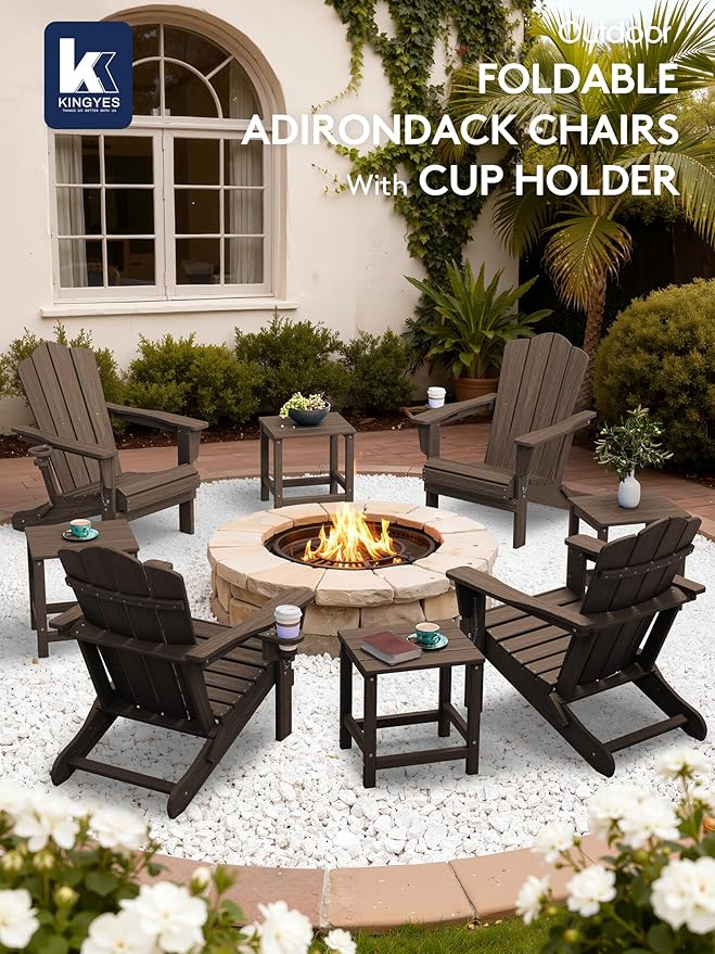 KINGYES Folding Adirondack Chair Set of 6, HDPE All-Weather Patio Chairs with Cup Holder - Photo 2