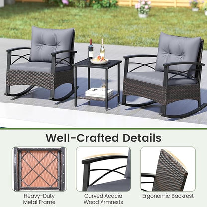 Tangkula 3 Pieces Outdoor Rocking Chairs Set, Rattan Heavy Duty Cushioned Rocker Chairs with 2-Tier Tempered Glass Coffee Table, for Garden, Balcony, Backyard (Gray)