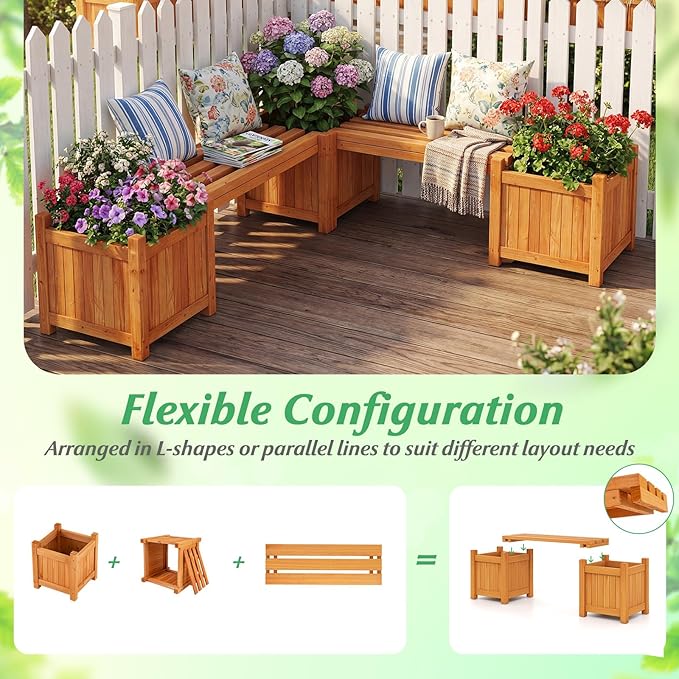 HAPPYGRILL Outdoor Bench with 2 Raised Garden Beds, 2-in-1 Outdoor Planter Box with Open-Ended Base, Wooden Garden Bench for Flowerpots, Indoor Patio Yard Porch Decoration (1)
