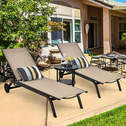 Giantex Lounge Chairs for Outside Patio Chaise Lounges Aluminum Recliner W/Adjustable 6 Backrest Positions and Wheels for Patio Beach Poolside Outdoor Sunbathing Chair(2, Brown)