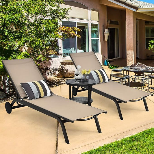 Giantex Lounge Chairs for Outside Patio Chaise Lounges Aluminum Recliner W/Adjustable 6 Backrest Positions and Wheels for Patio Beach Poolside Outdoor Sunbathing Chair(2, Brown)