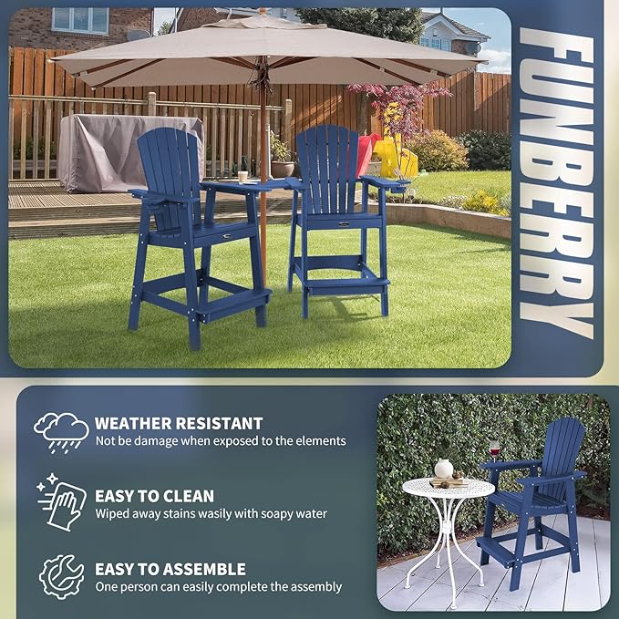 FUNBERRY Tall Adirondack Chairs Set of 2 with Removable Connecting Table, All Weather High Top Balcony Chair with Cup Holders