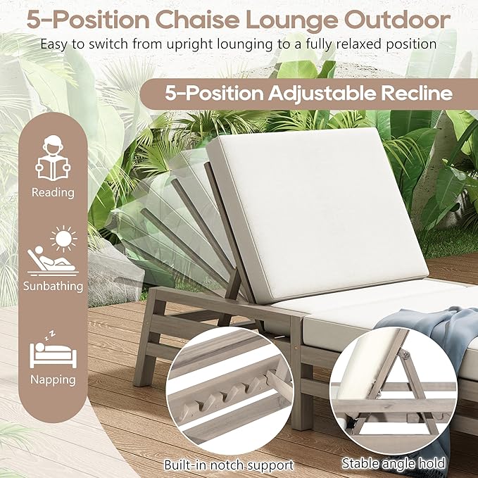 5-Position Adjustable Outdoor Chaise Lounge Set of 2, Solid Wood Patio Recliner Chair with Thick Cushions for Pool - Photo 5