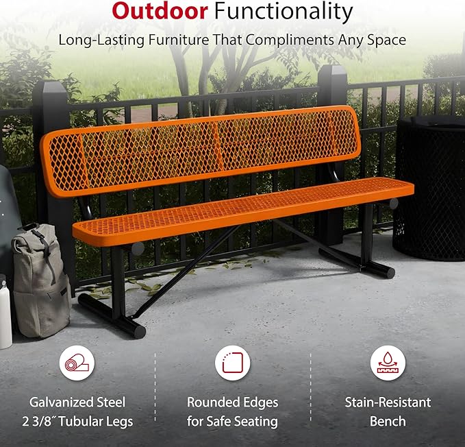 Leisure Craft Metal Outdoor Bench with Back - 6 Foot Heavy Duty Bench Seating for Garden, Porch, Picnic, Park, Expanded Metal, Thermoplastic Coating, Commercial Grade Furniture Made in USA - Orange