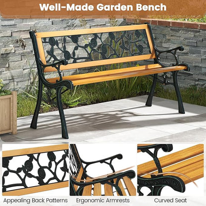 Tangkula Outdoor Garden Bench Park Bench, Patio Iron Bench Chair with Cast Iron & Hardwood Structure, Weather Proof Porch Loveseat, Perfect for Backyard, Deck, Lawn, Poolside