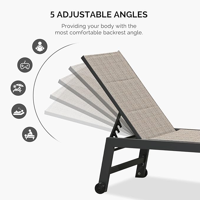 PURPLE LEAF Outdoor Chaise Lounge Set of 2 Aluminum Patio Lounge Chair with Wheels and Side Table Pool Chaise Lounge - Photo 6