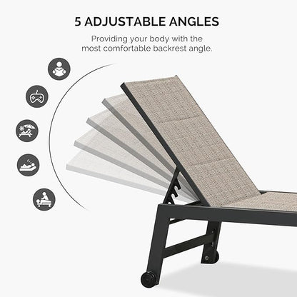 PURPLE LEAF Outdoor Chaise Lounge Set of 2 Aluminum Patio Lounge Chair with Wheels and Side Table Pool Chaise Lounge Chair for Outdoor Backyard Poolside Camel (2 Lounges Chairs W/Table)