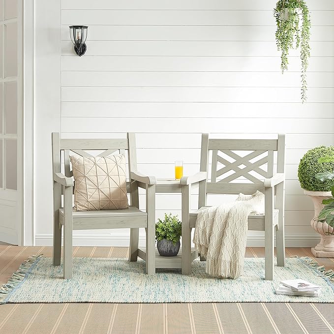 Psilvam Patio Furniture, All-Weather Poly Lumber Outdoor Loveseat, 2-Seater Outdoor Chair with Center Table & Umbrella Hole, Waterproof Accent Chairs Suitable for Lawn, Garden, Terrace (Grey)