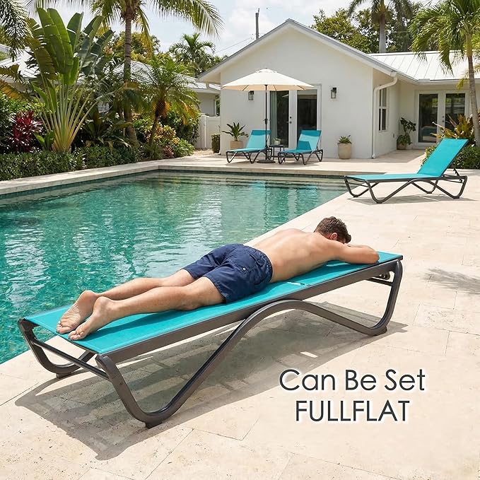 Kozyard Outdoor Chaise Lounge Chair, Full Aluminum Frame and Textilene Fabric, Adjustable Reclining Patio Lounger for Poolside, Sunbathing & Backyard(Aqua, 2Chairs)