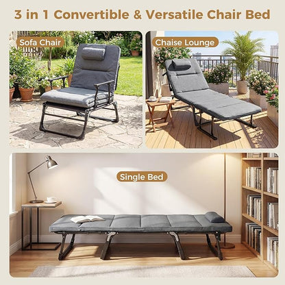 Tangkula Lounge Chair Outdoor with Cushion, 3 in 1 Convertible Outdoor Indoor Heavy Duty Folding Chaise Lounge Chair with 6-Position Adjustable Backrest & Flip-up Pillow (2,Gray)