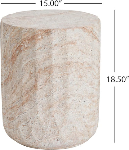 Christopher Knight Home Jayme 18.5" Indoor Outdoor Cylinder Accent Side Table, Patio Decorative End Table, Lightweight Concrete Garden Stool for Patio Living Room Balcony & Garden Decor, Travertine