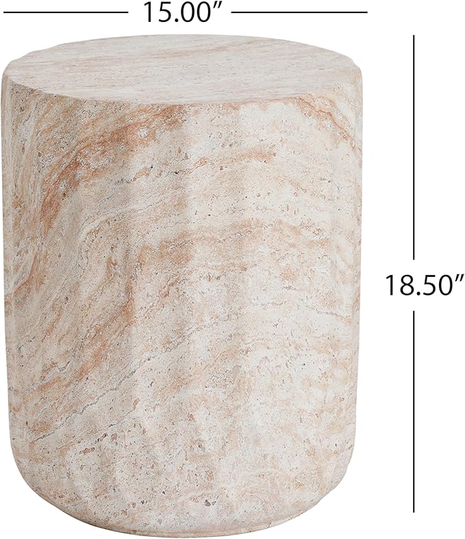 Outdoor Side Table Faux Marble End Table Faux Stone Side Tables Travertine Small Coffee Tables for Indoor Outdoor, Garden Stool Plant Stand for Porch, Backyard Patio, Barrel