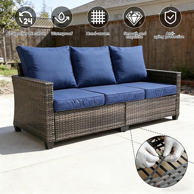 All Weather Patio Sofa, 3 Seat Outdoor Couch with High Back and Thick Cushions - Photo 4