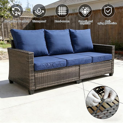 All Weather Patio Sofa, 3 Seat Outdoor Couch with High Back and Thick Cushions,Outdoor Sofa Furniture with Premium Wicker for Garden, Backyard, Porch,Dark Blue