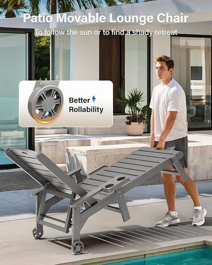 YEFU Chaise Lounge Chairs Set of 4 Outdoor,Pool Lounge Chair with Adjustable Backrest,All Weather Patio Lounge Chair with Cup Holder&Armrest,for Outside,Beach,Deck,Heavy Duty,400lbs Capacity(Grey)