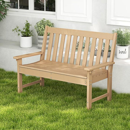 RELAX4LIFE 2-Person Patio Outdoor Bench - 52’’ All-Weather HDPE Garden Bench with Armrests & Slatted Backrest, Patio Bench for Front Porch Park Poolside Backyard, 705 LBS Weight Capacity (Teak)