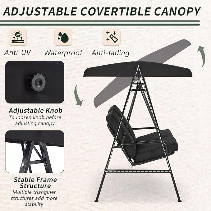 AECOJOY Outdoor Patio Swing Chair for Adults, 2-Seat Porch Swings with Adjustable Canopy, Outside Swing Bench with Removable Cushion, Suitable for Backyard, Garden, Yard, Poolside, Balcony (Black)