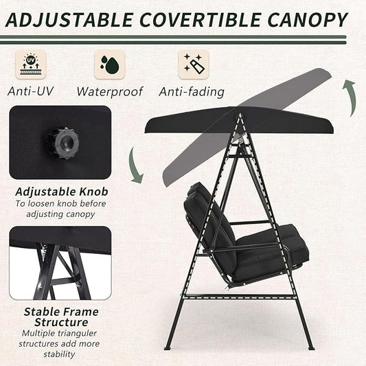AECOJOY Outdoor Patio Swing Chair for Adults, 2-Seat Porch Swings with Adjustable Canopy, Outside Swing Bench with Removable Cushion, Suitable for Backyard, Garden, Yard, Poolside, Balcony (Black)