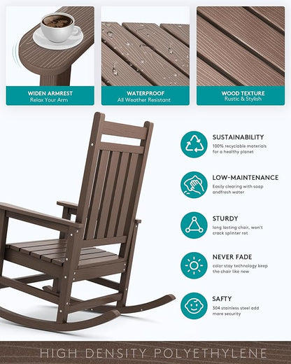 SERWALL Oversized Rocking Chair, Outdoor Rocking Chair for Adults, All Weather Resistant Porch Rocker for Lawn Garden, Brown