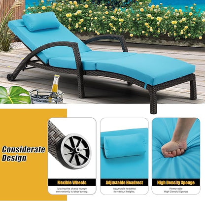 HOMREST Chaise Lounge Chairs Set of 6, PE Rattan Wicker Lounge Chair with Arm and Wheels for Poolside,Blue