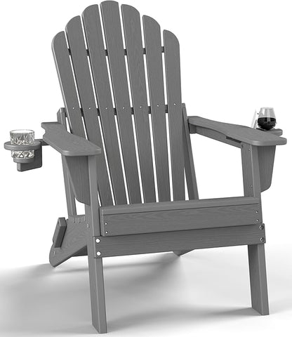 Plawdlik 2026 Upgraded Oversized Folding Adirondack Chair, 380 lbs Heavy Duty Fire Pit Chair with 37.8" Extra High Back & Dual Cup Holders, All-Weather HDPE Lounge Chair for Outdoor-Gray