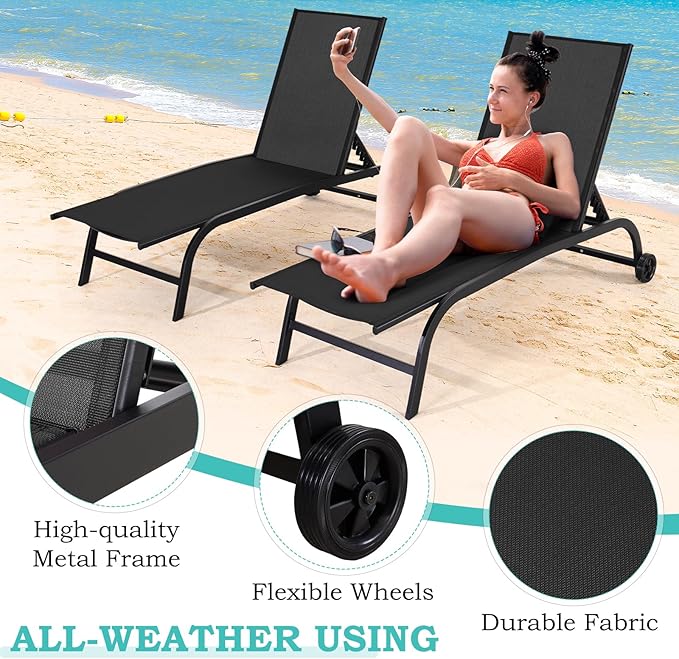 EROMMY Patio Chaise Lounge Chair Set of 2 with Wheels, Oversized 26" W Outdoor Lounge Chairs with Adjustable Backrest - Photo 3