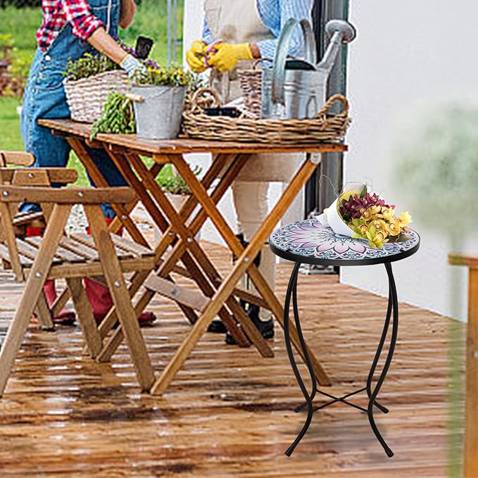 MUMTOP Side Patio Tables-Mosaic Outdoor Side Table - 14’’ Flower Glass Accent Round EndTable, Plant Stand Indoor Small CoffeeTable for Garden or Living Room Decor