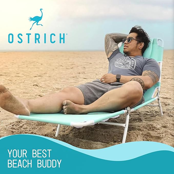 Ostrich Chaise Lounge Outdoor Portable Folding 4 Position Recliner Chair for Beach, Patio, Camp, and Pool with Carrying Strap, Teal (2 Pack)