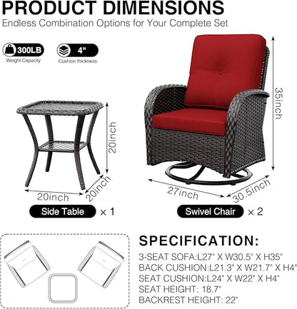 Joyside Outdoor Swivel Rocker Chairs, 3 Piece Wicker Patio Set with Thickened Cushions, High Back, Deep Seating, Wide Armrest, Outdoor Swivel Chairs for Porch, Deck