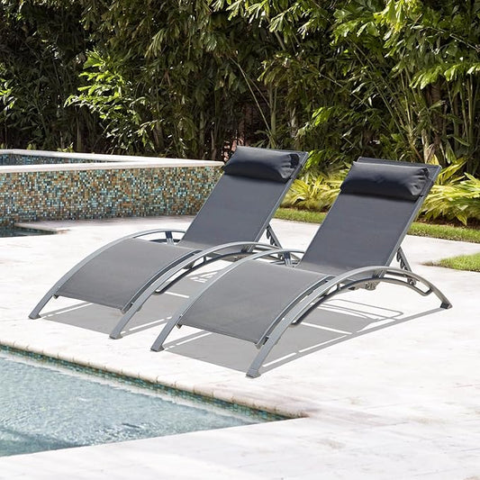 Domi Pool Lounge Chairs Set of 2, Adjustable Aluminum Outdoor Chaise Lounge Chairs, All Weather for Deck Lawn Poolside Backyard -Dark Grey Textilene